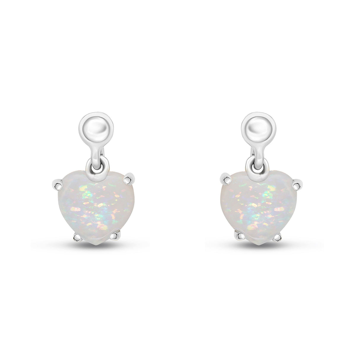 9ct White Gold Heart Shaped Natural Opal Claw Drop Earrings with Bead Top — 6mm