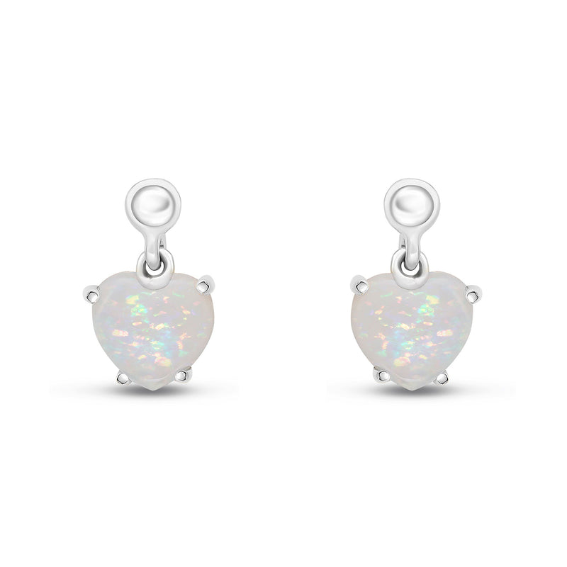 9ct White Gold Heart Shaped Natural Opal Claw Drop Earrings with Bead Top — 6mm