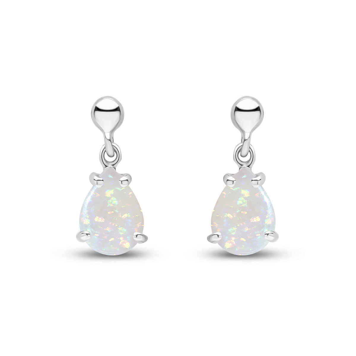 9ct White Gold Pear Shaped Natural Opal Claw Drop Earrings — 7x5mm