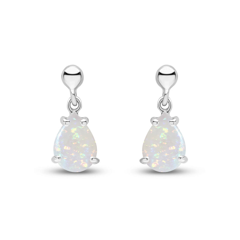 9ct White Gold Pear Shaped Natural Opal Claw Drop Earrings — 7x5mm