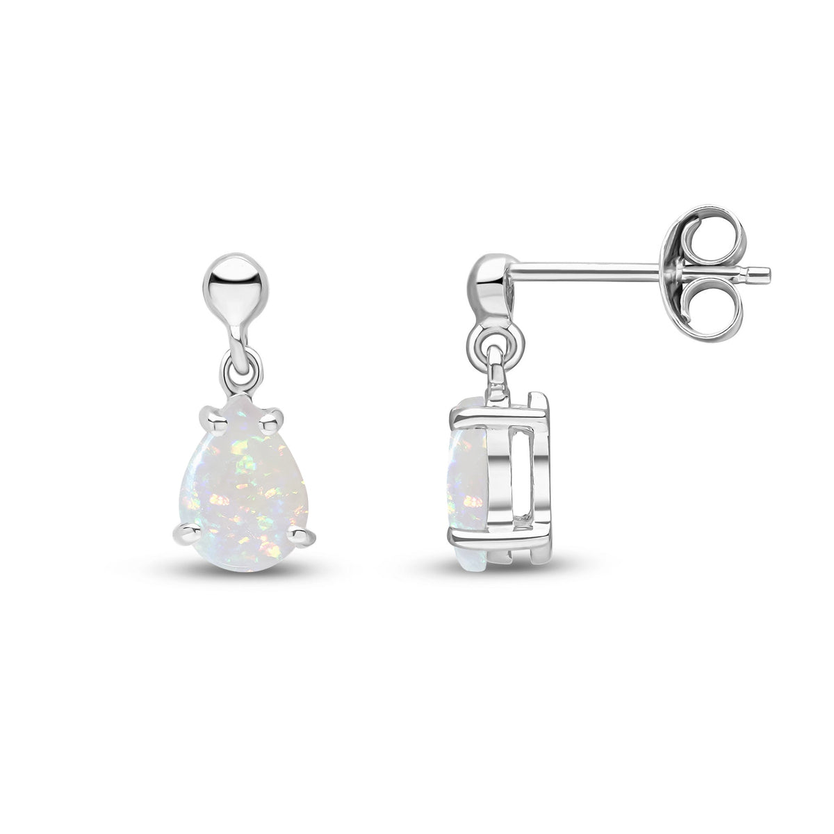9ct White Gold Pear Shaped Natural Opal Claw Drop Earrings — 7x5mm