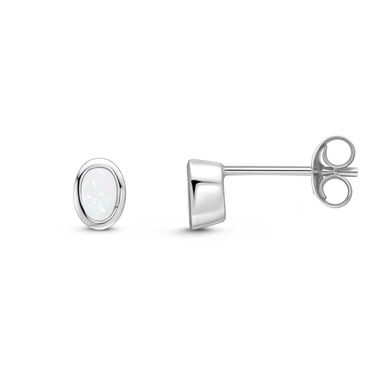 9ct White Gold Oval Natural Opal Rubover Stud Earrings — 4x3mm