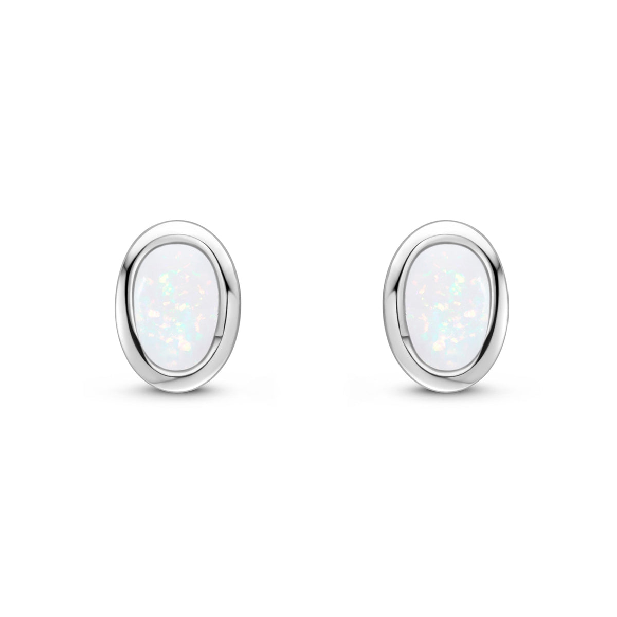 9ct White Gold Oval Natural Opal Rubover Stud Earrings — 4x3mm