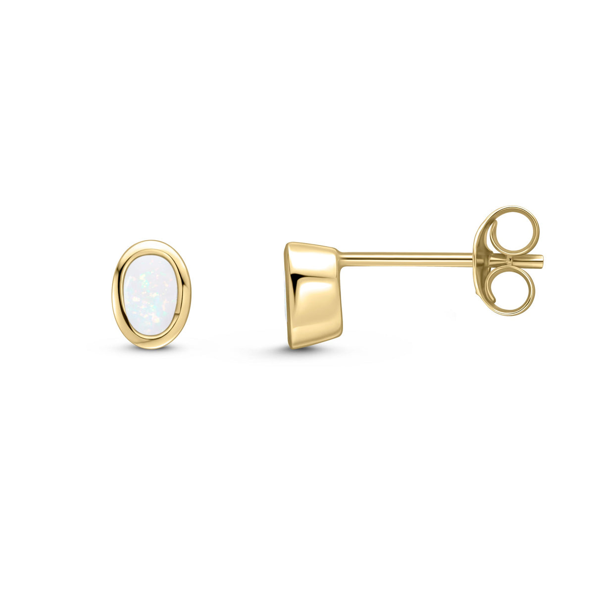 9ct Yellow Gold Oval Natural Opal Rubover Stud Earrings — 4x3mm