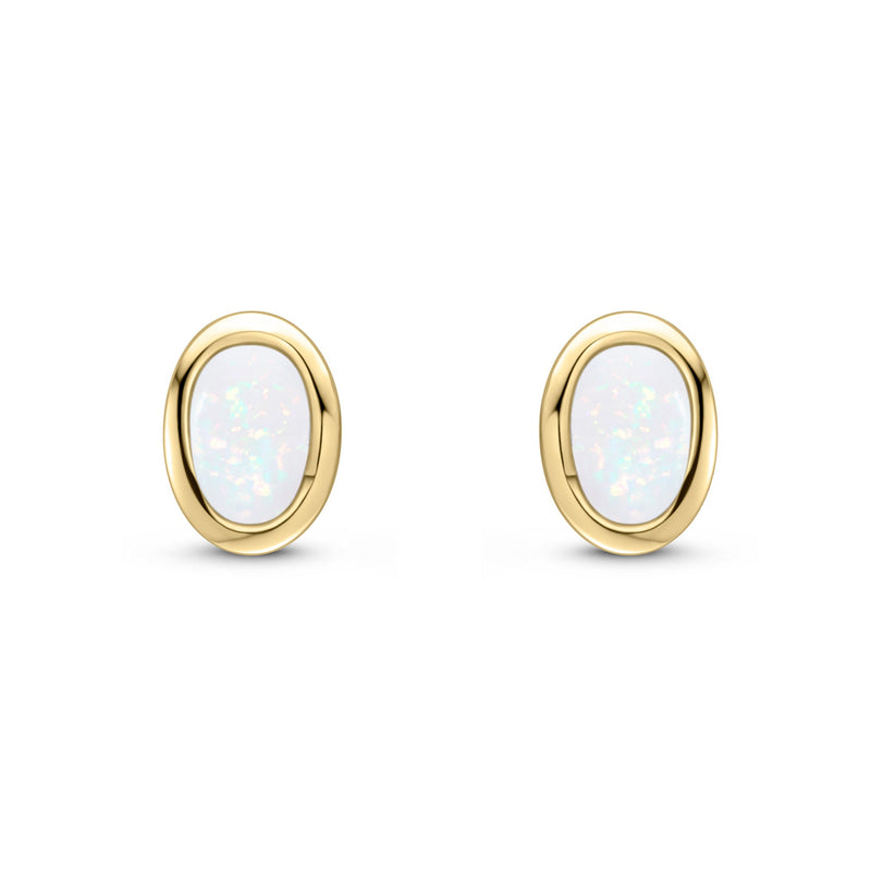 9ct Yellow Gold Oval Natural Opal Rubover Stud Earrings — 4x3mm