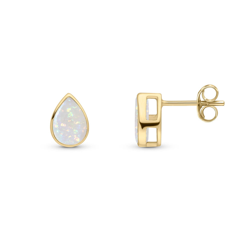9ct Yellow Gold Pear Shaped Natural Opal Rubover Stud Earrings — 7x5mm