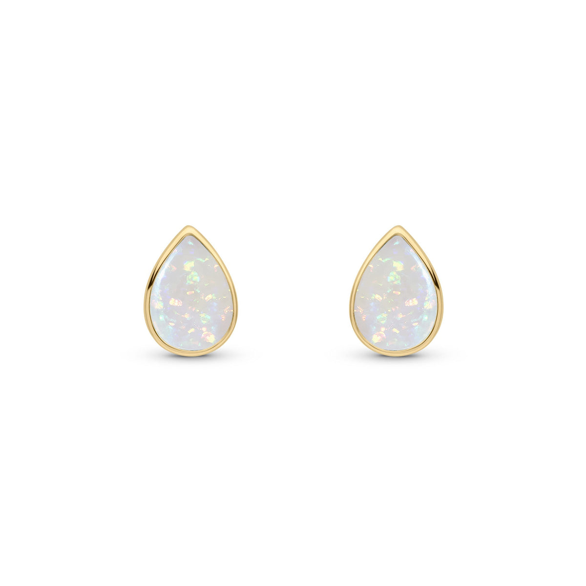 9ct Yellow Gold Pear Shaped Natural Opal Rubover Stud Earrings — 7x5mm