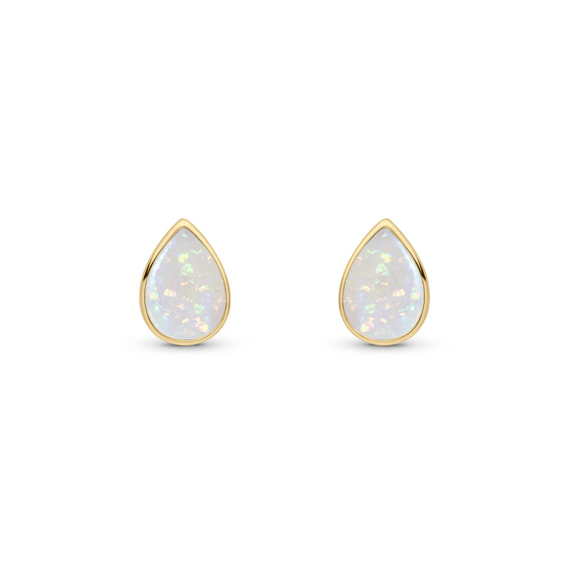 9ct Yellow Gold Pear Shaped Natural Opal Rubover Stud Earrings — 7x5mm
