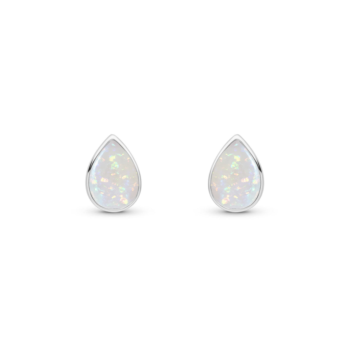 9ct White Gold Pear Shaped Natural Opal Rubover Stud Earrings — 7x5mm