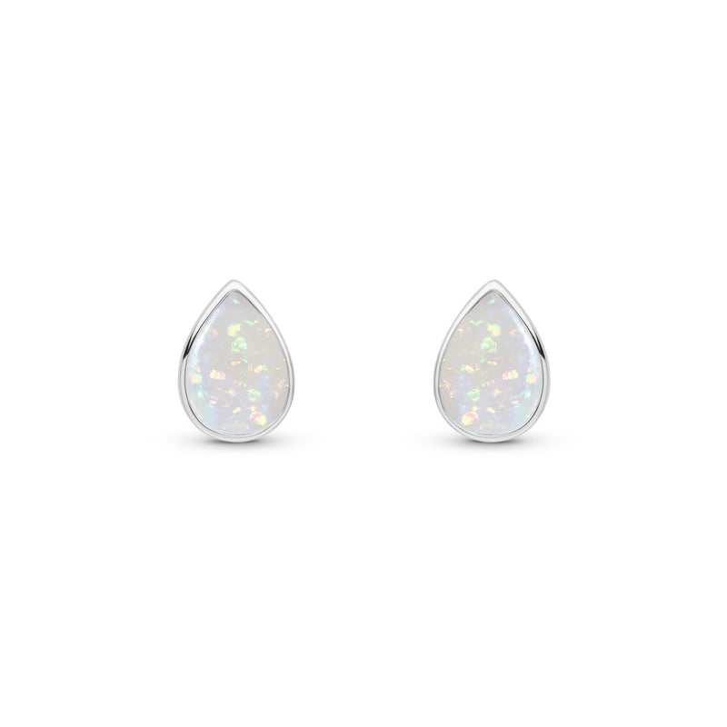 9ct White Gold Pear Shaped Natural Opal Rubover Stud Earrings — 7x5mm