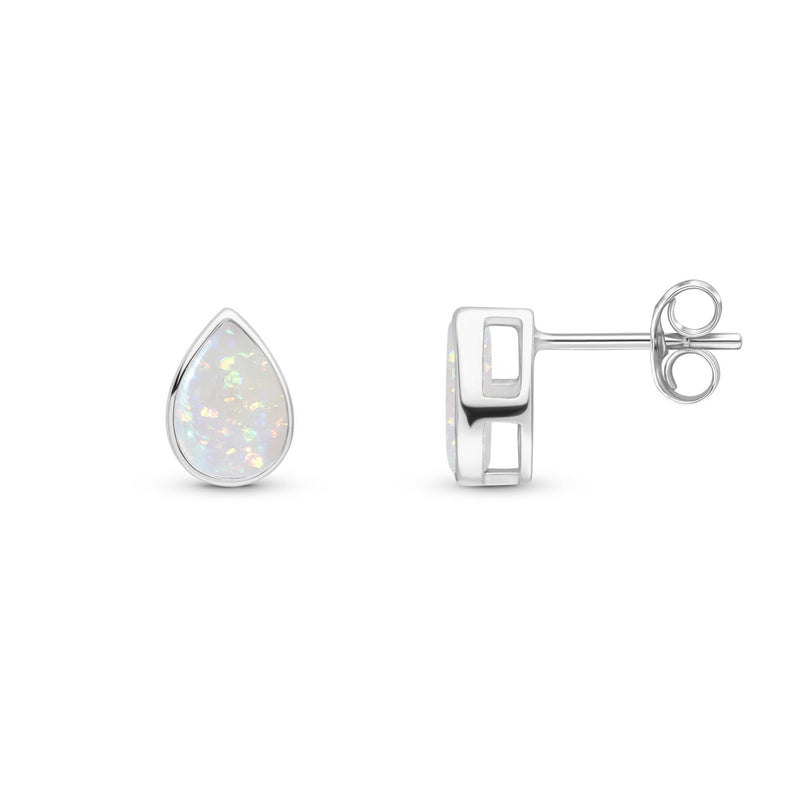 9ct White Gold Pear Shaped Natural Opal Rubover Stud Earrings — 7x5mm