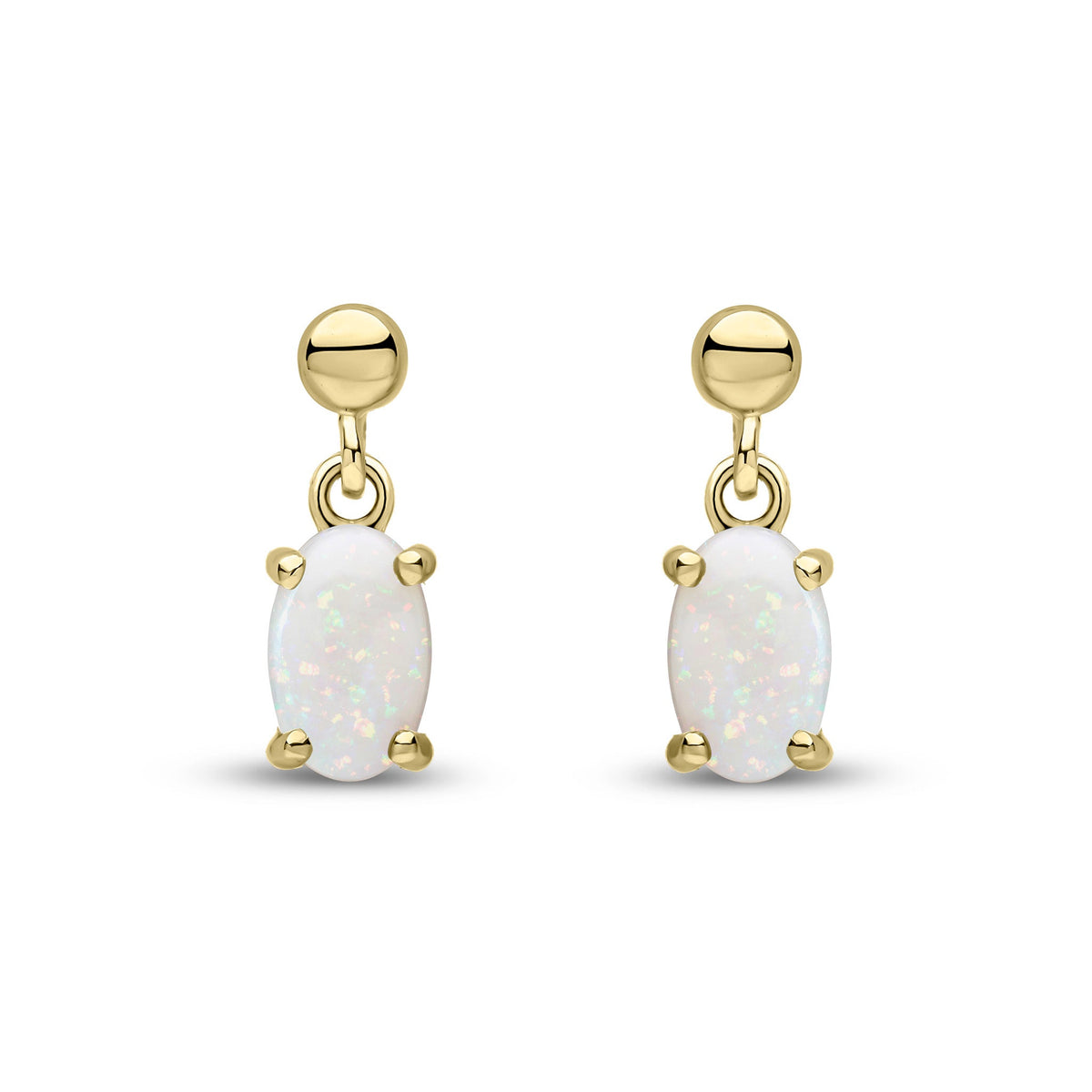 9ct Yellow Gold Oval Natural Opal Claw Drop Earrings with Bead Top — 6x4mm