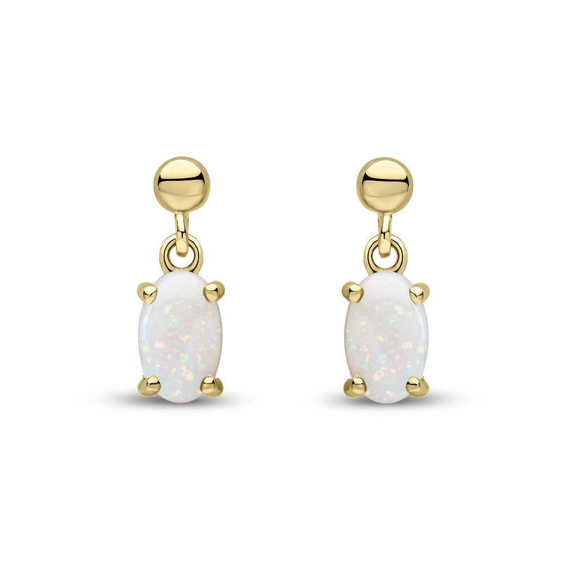 9ct Yellow Gold Oval Natural Opal Claw Drop Earrings with Bead Top — 6x4mm