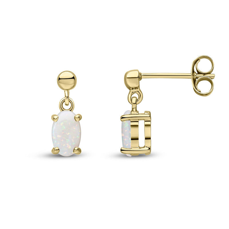 9ct Yellow Gold Oval Natural Opal Claw Drop Earrings with Bead Top — 6x4mm