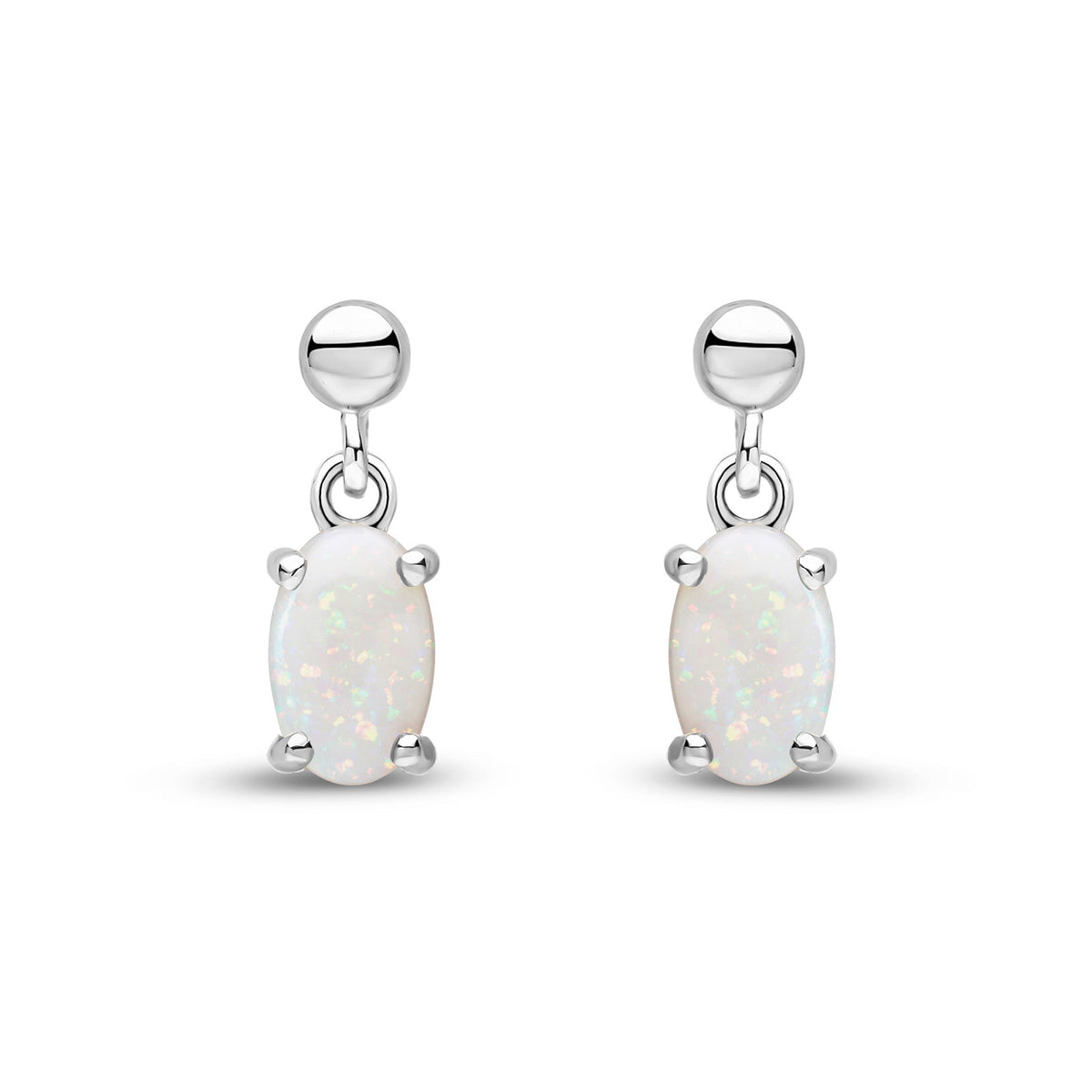 9ct White Gold Oval Natural Opal Claw Drop Earrings with Bead Top — 6x4mm