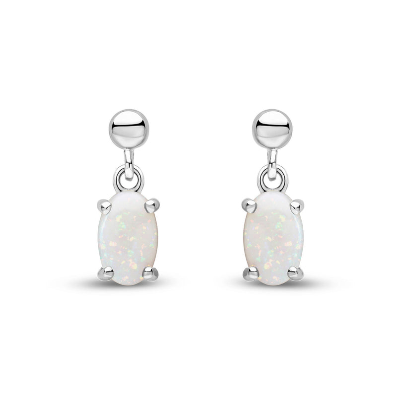 9ct White Gold Oval Natural Opal Claw Drop Earrings with Bead Top — 6x4mm