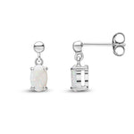 9ct White Gold Oval Natural Opal Claw Drop Earrings with Bead Top — 6x4mm