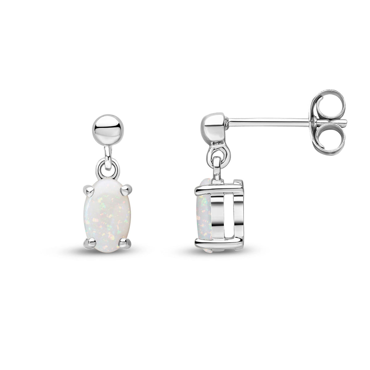 9ct White Gold Oval Natural Opal Claw Drop Earrings with Bead Top — 6x4mm
