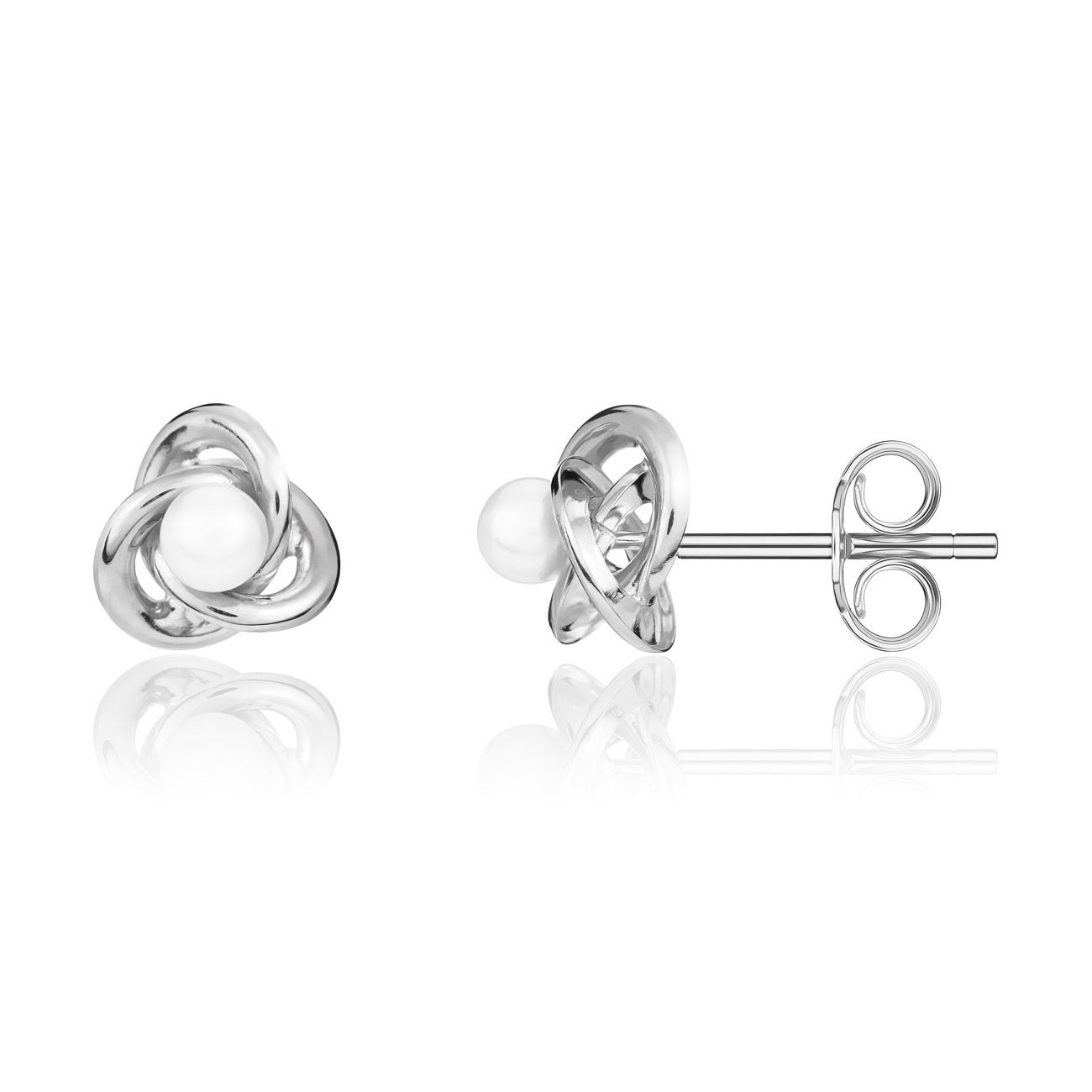9ct White Gold Knot Stud Earrings with Natural Freshwater Cultured Pearl Centre — 4mm