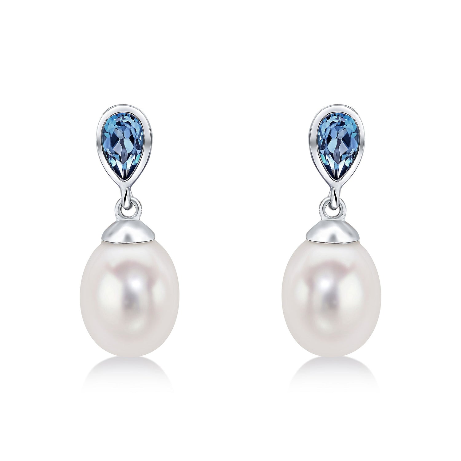 9ct White Gold Natural Pearl and London Blue Topaz Drop Earrings — 3x5mm