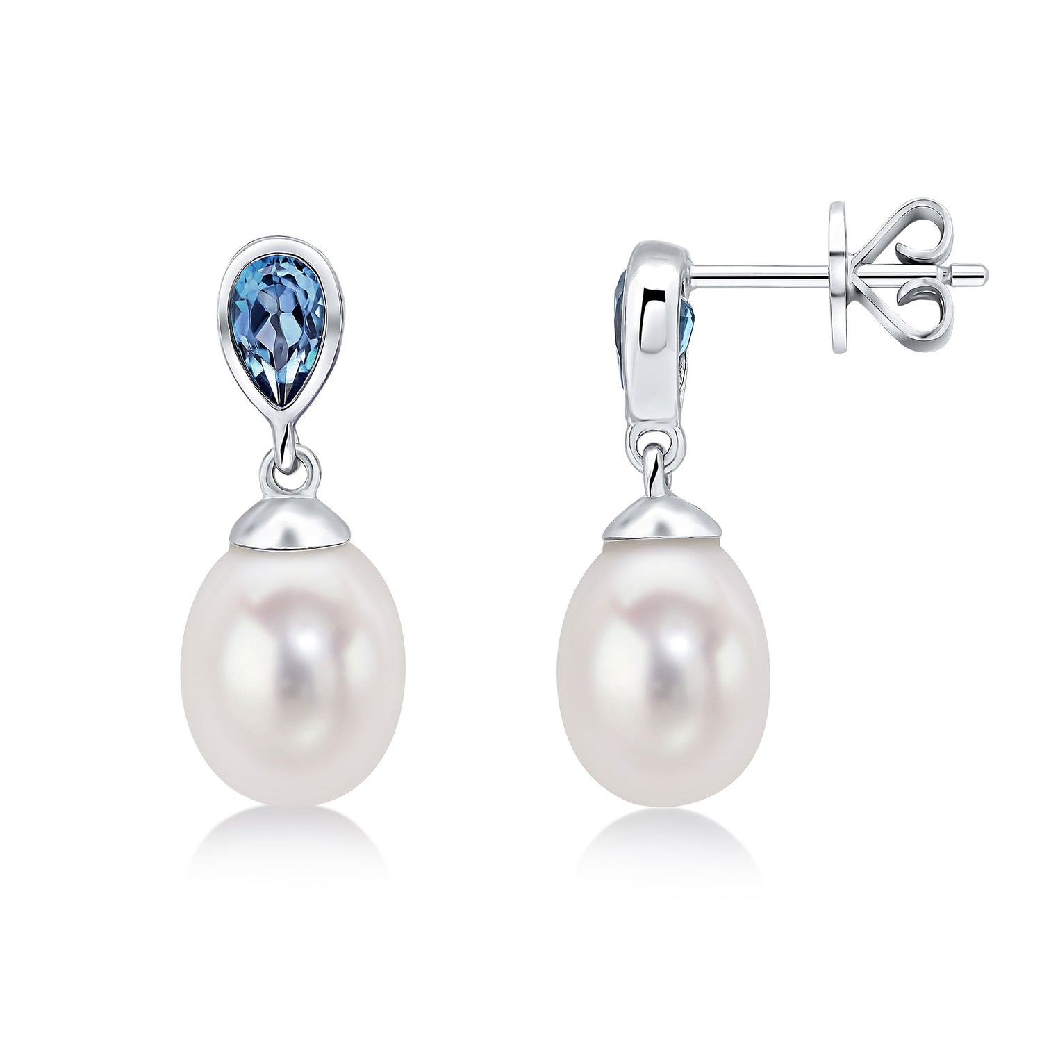 9ct White Gold Natural Pearl and London Blue Topaz Drop Earrings — 3x5mm