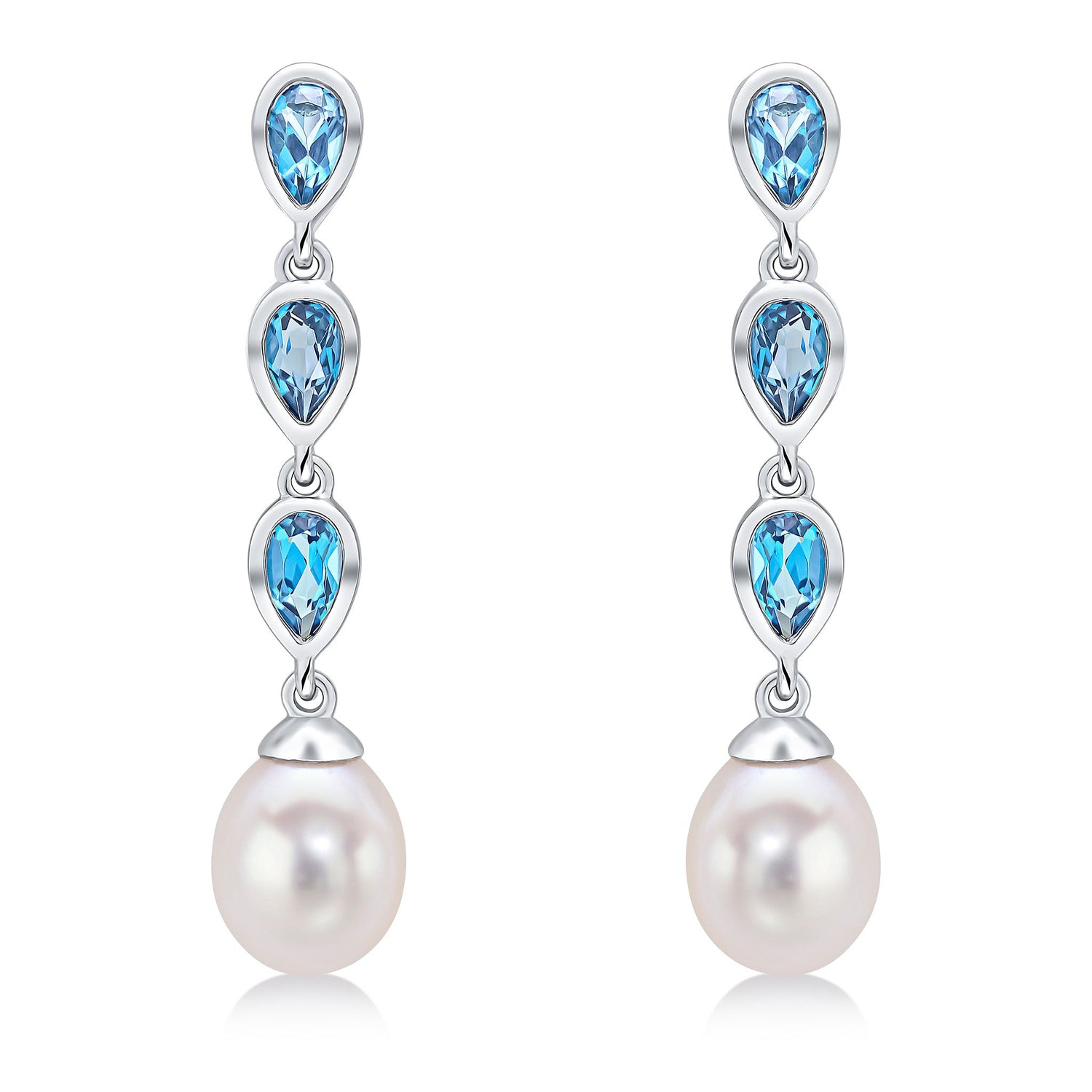 9ct White Gold Natural Pearl and London Blue Topaz Triple Drop Earrings — 3x5mm