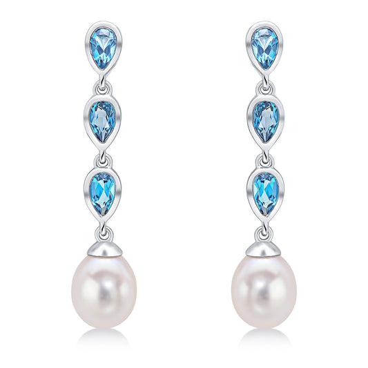 9ct White Gold Natural Pearl and London Blue Topaz Triple Drop Earrings — 3x5mm