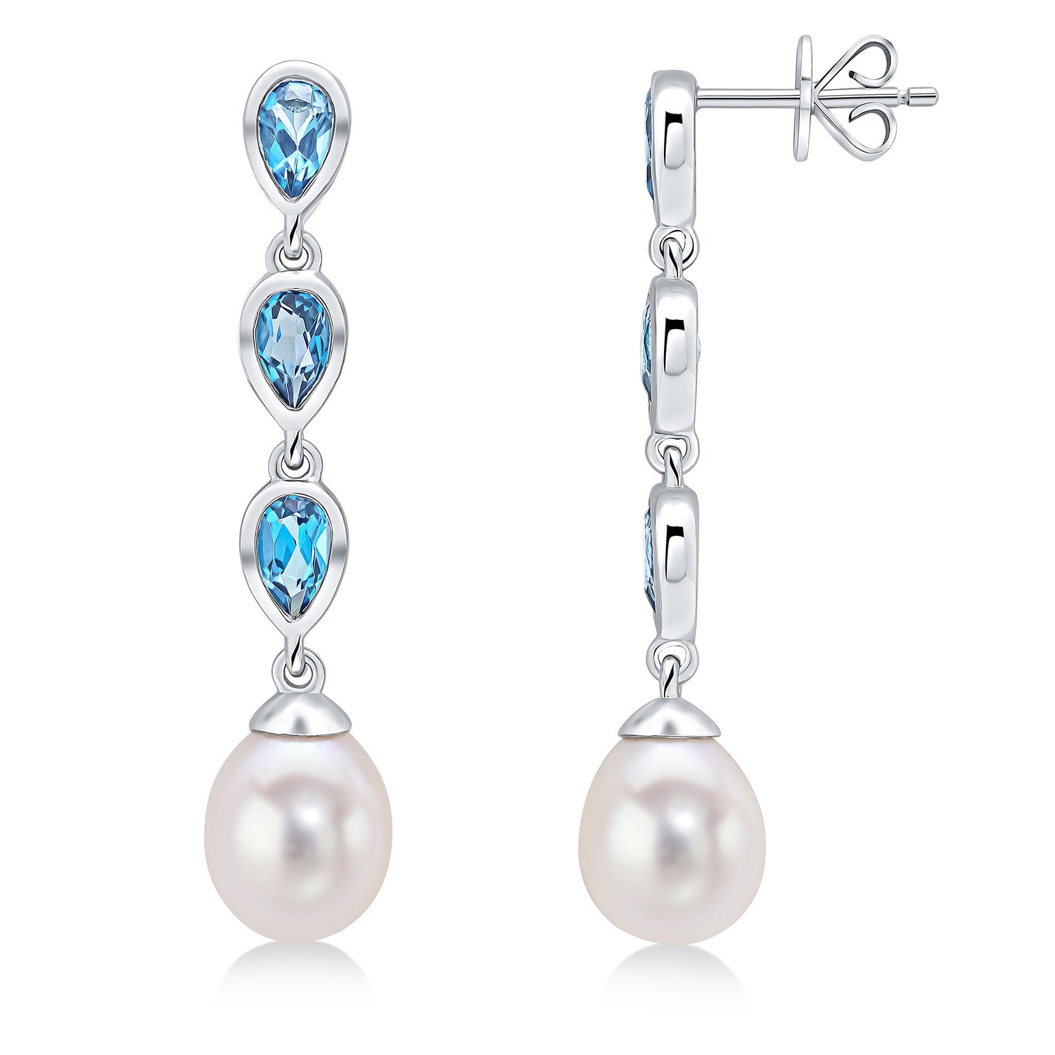 9ct White Gold Natural Pearl and London Blue Topaz Triple Drop Earrings — 3x5mm