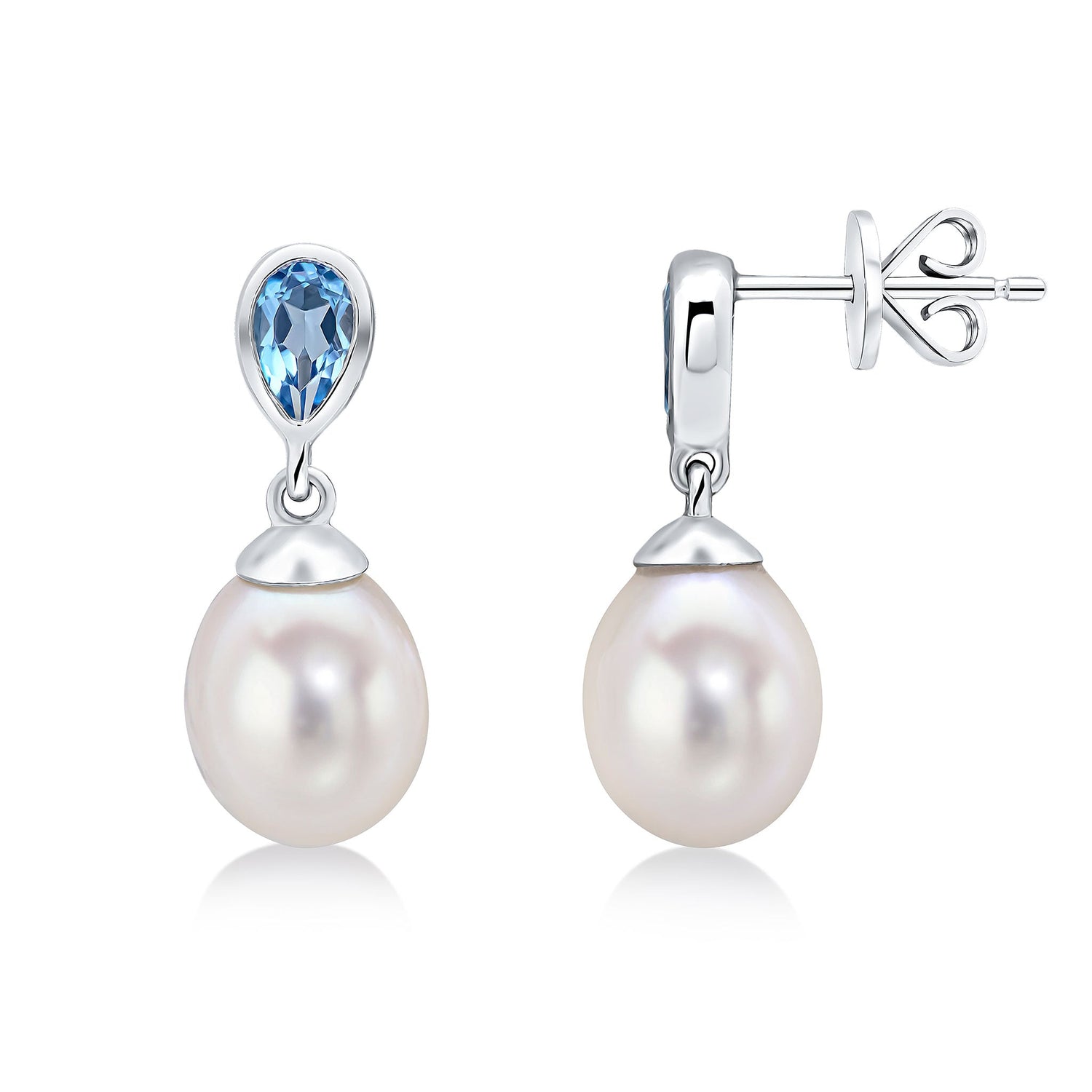 9ct White Gold Pearl and Natural Swiss Blue Topaz Drop Earrings — 3x5mm