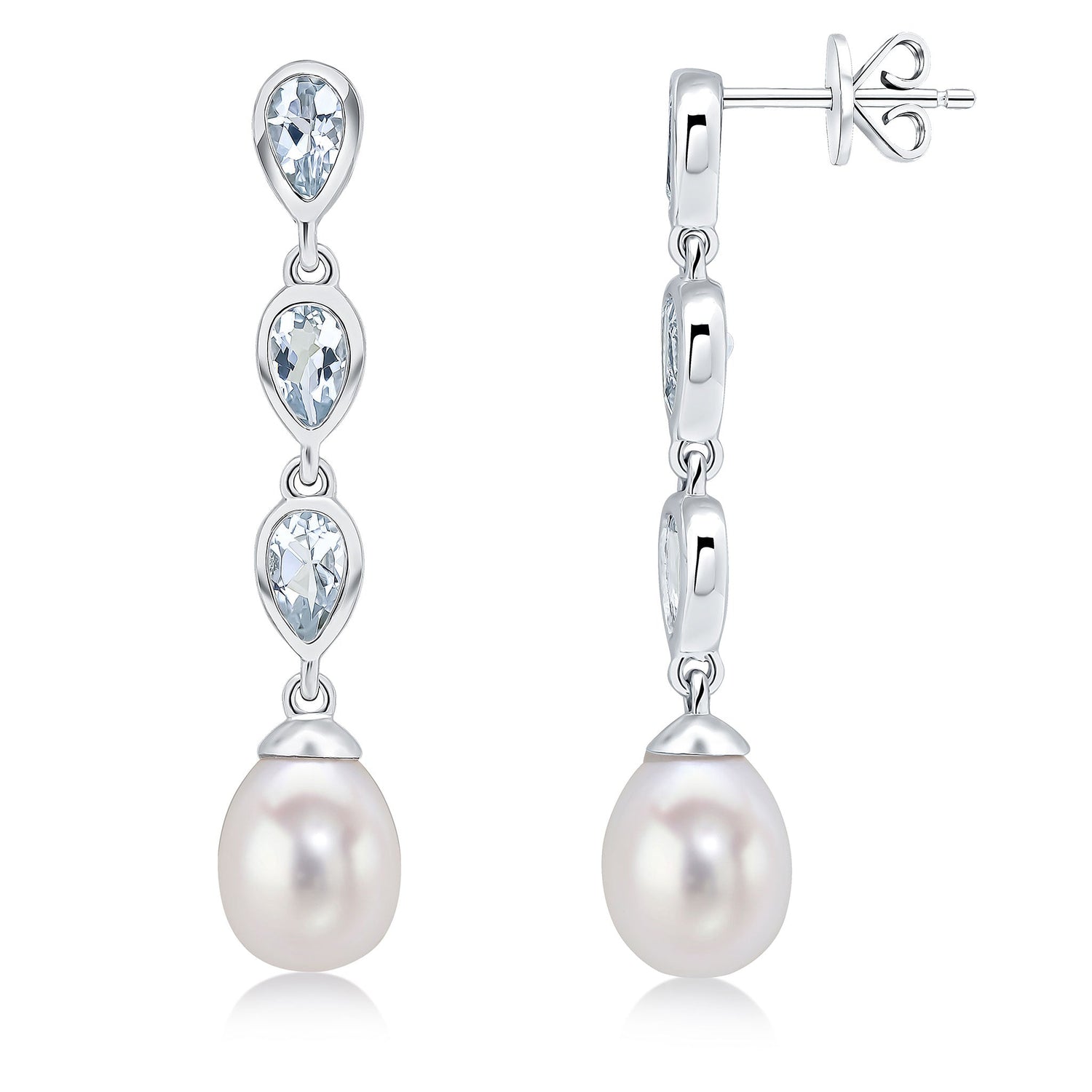 9ct White Gold Natural Pearl and Aquamarine Triple Drop Earrings — 3x5mm