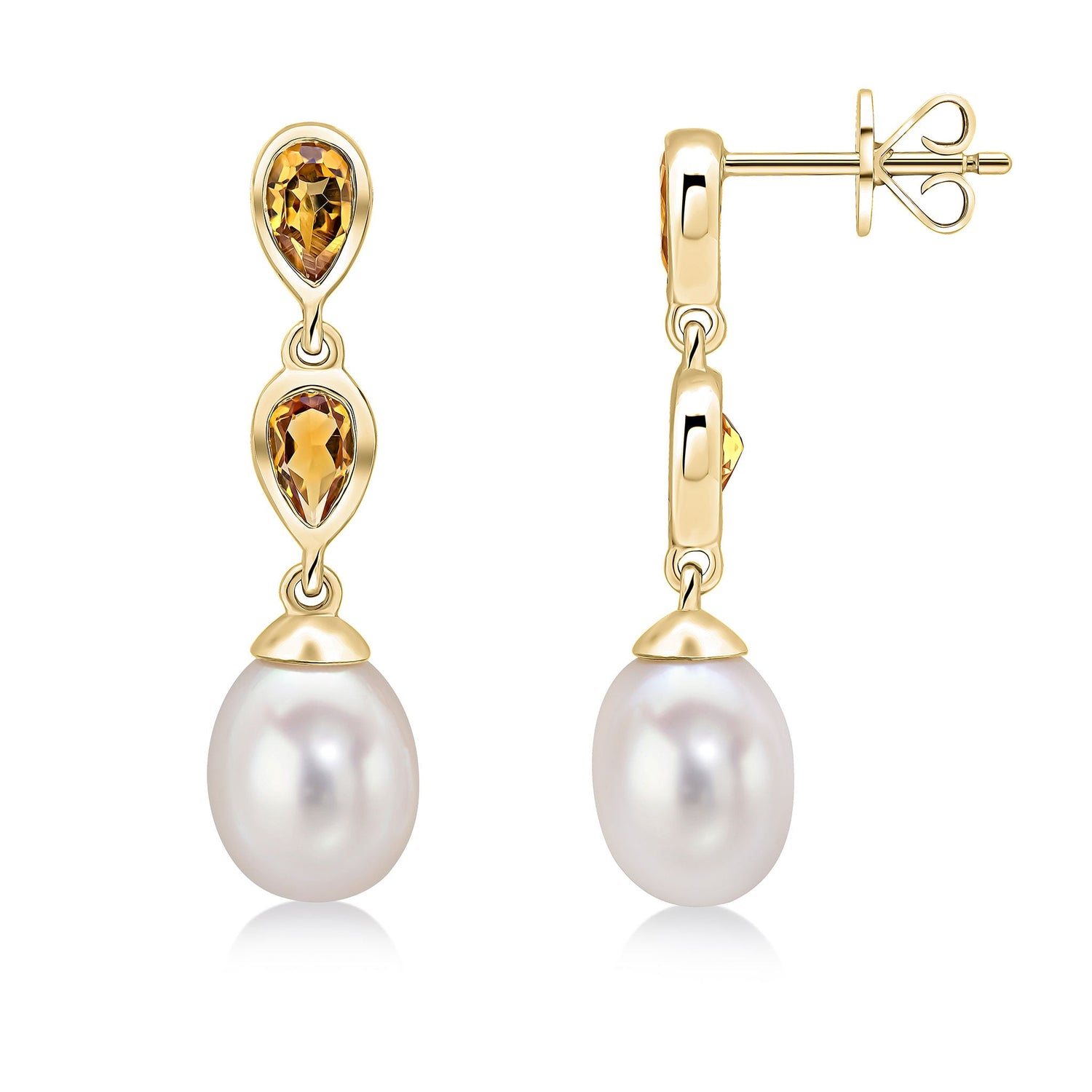 9ct Yellow Gold Natural Pearl and Citrine Double Drop Earrings — 3x5mm