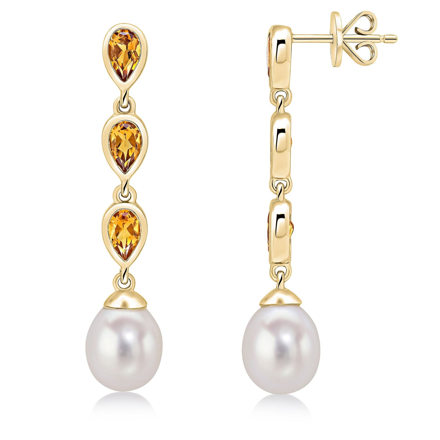 9ct Yellow Gold Natural Pearl and Citrine Triple Drop Earrings — 3x5mm