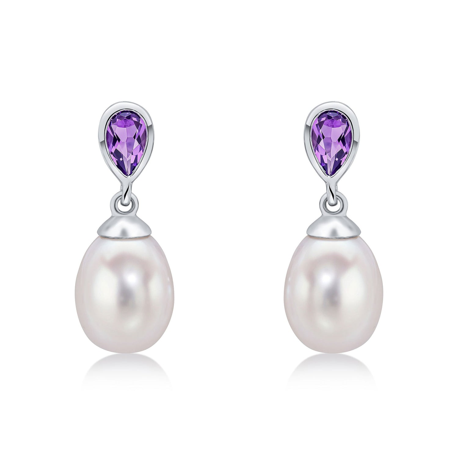 9ct White Gold Natural Pearl and Amethyst Drop Earrings — 3x5mm