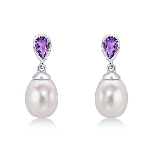 9ct White Gold Natural Pearl and Amethyst Drop Earrings — 3x5mm