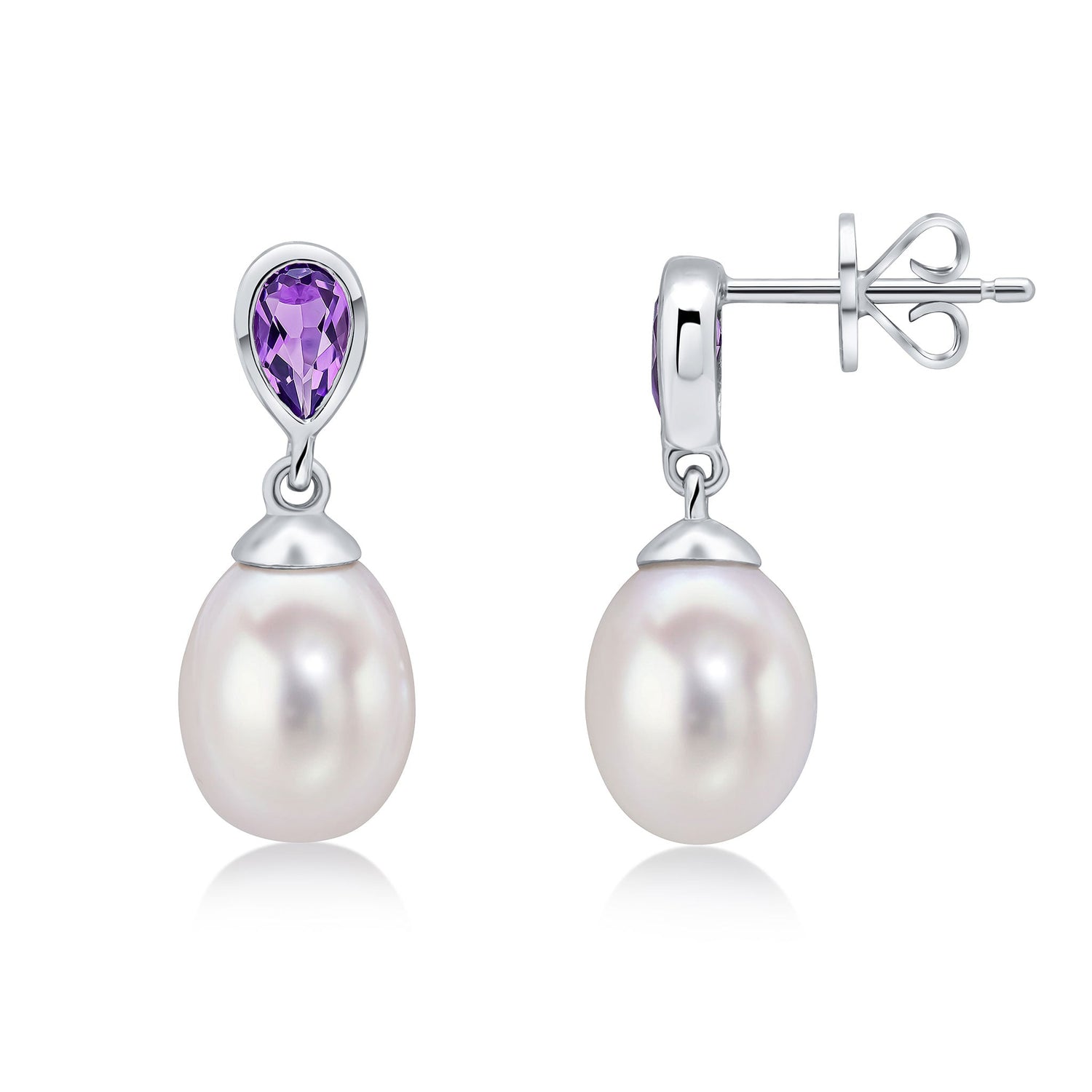 9ct White Gold Natural Pearl and Amethyst Drop Earrings — 3x5mm
