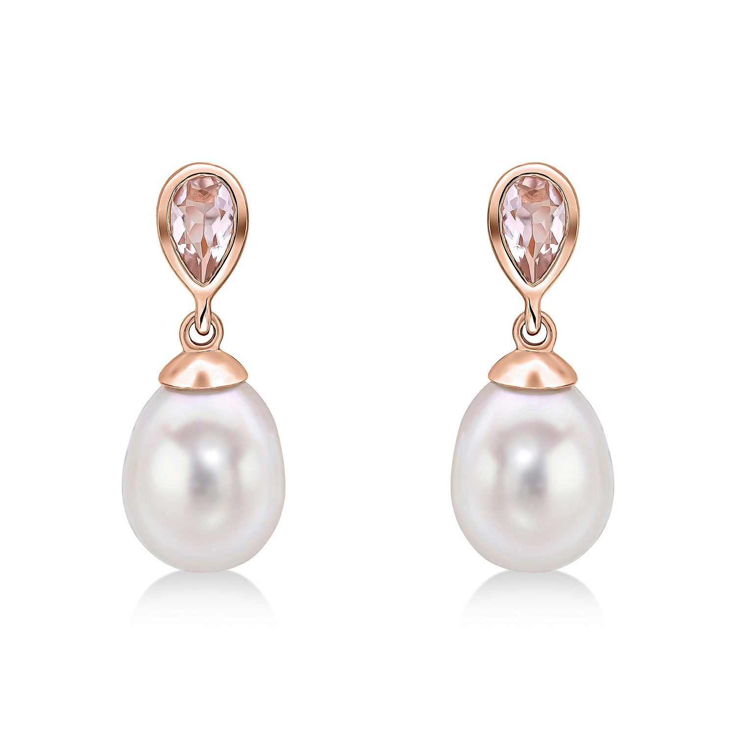 9ct Rose Gold Natural Pearl and Pear Shaped Morganite Drop Earrings -- 7mm Pearl