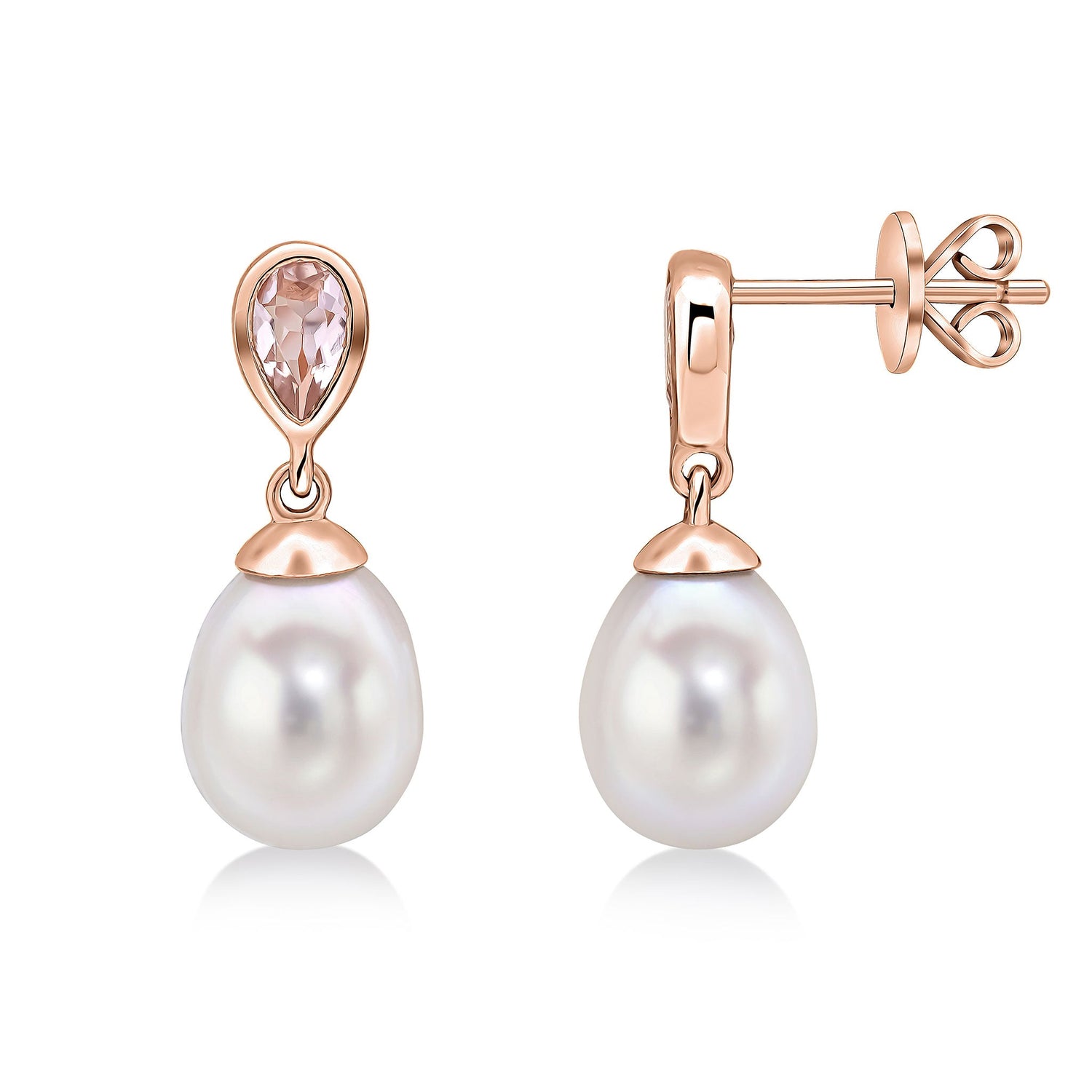 9ct Rose Gold Natural Pearl and Pear Shaped Morganite Drop Earrings -- 7mm Pearl
