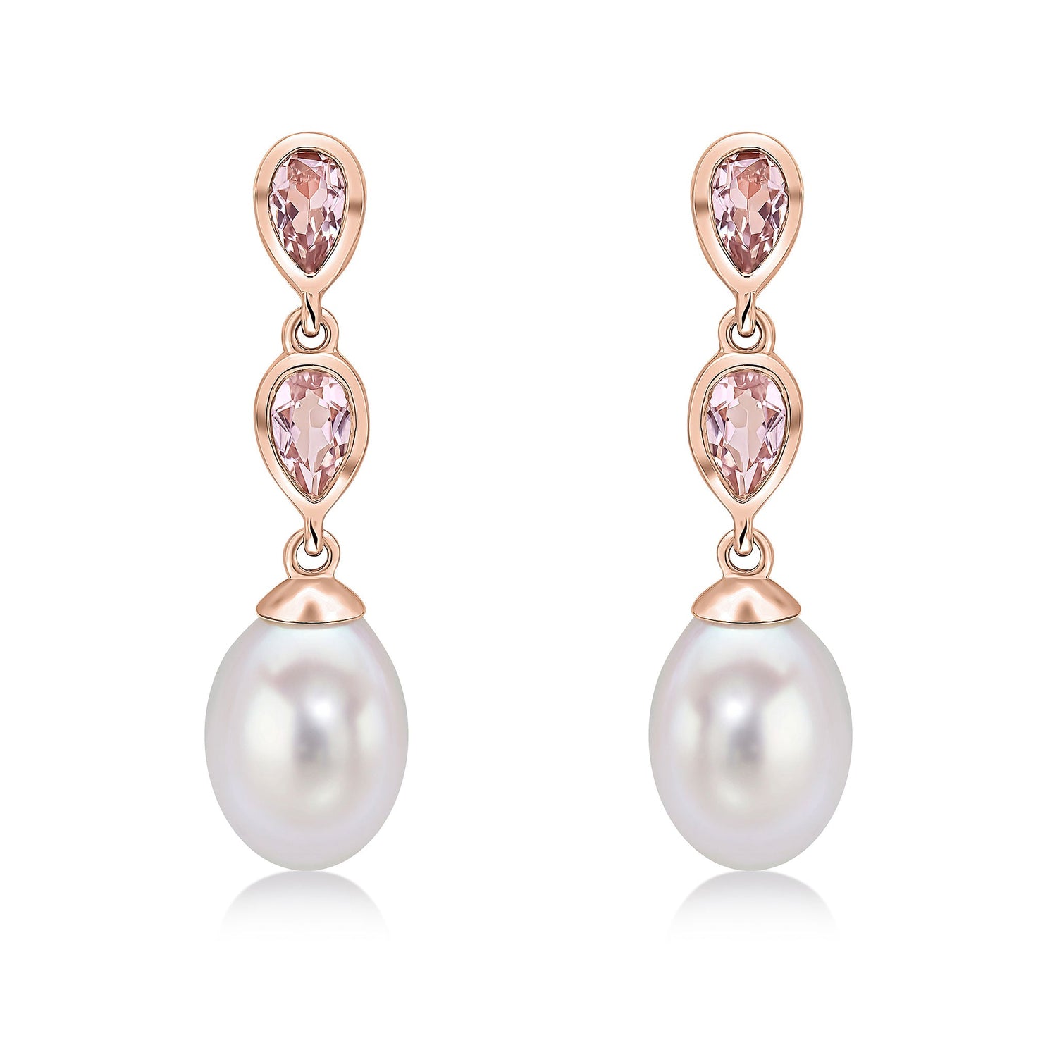 9ct Rose Gold Natural Pearl and Morganite Double Drop Earrings