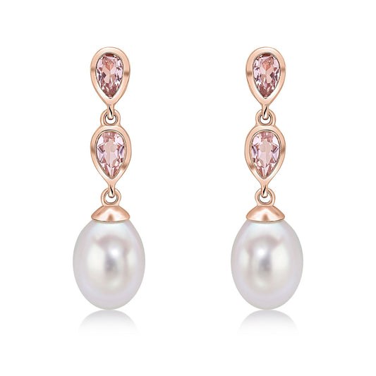 9ct Rose Gold Natural Pearl and Morganite Double Drop Earrings