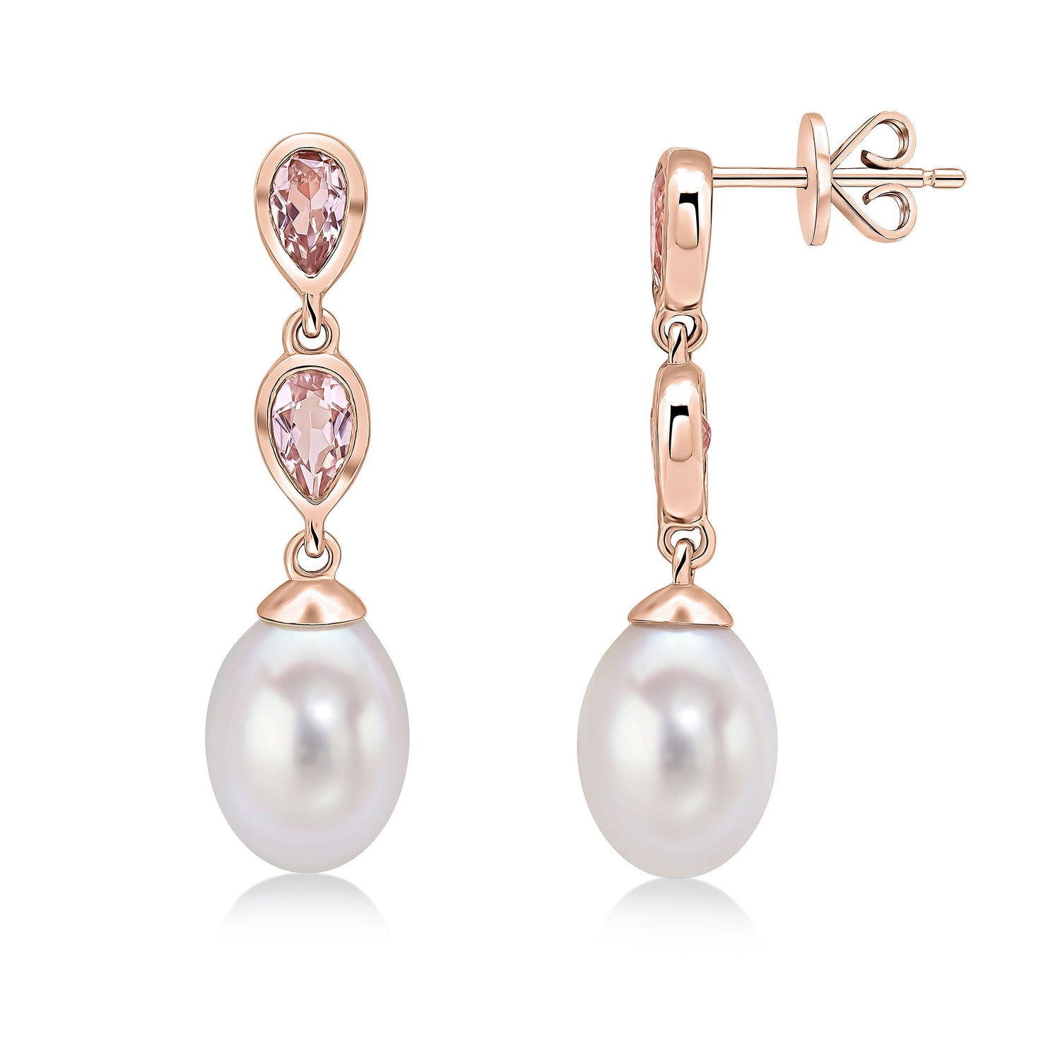 9ct Rose Gold Natural Pearl and Morganite Double Drop Earrings