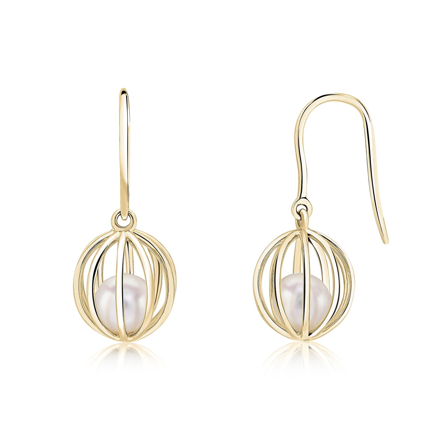 9ct Yellow Gold Natural Pearl Cage Hook Earrings — 24mm