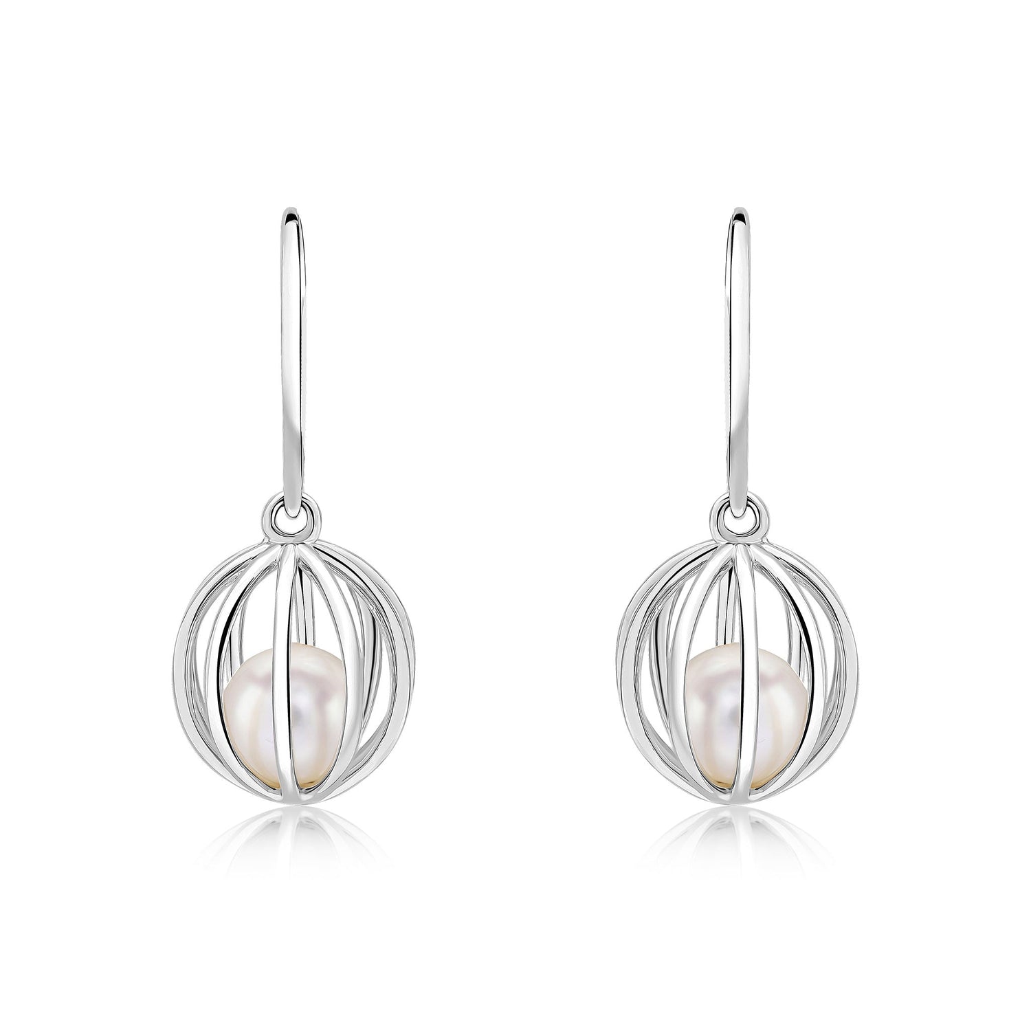 9ct White Gold Natural Freshwater Cultured Pearl Round Cage Drop Earrings with Hook Wire Fittings