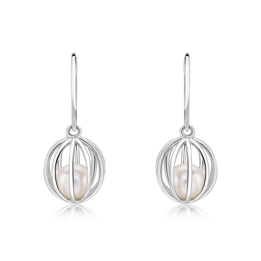 9ct White Gold Natural Freshwater Cultured Pearl Round Cage Drop Earrings with Hook Wire Fittings