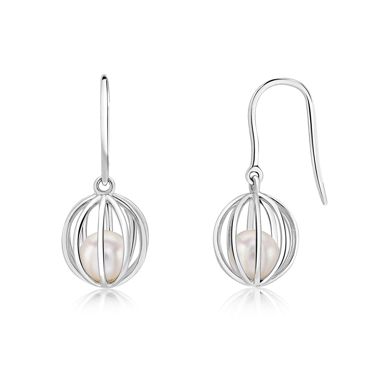 9ct White Gold Natural Freshwater Cultured Pearl Round Cage Drop Earrings with Hook Wire Fittings