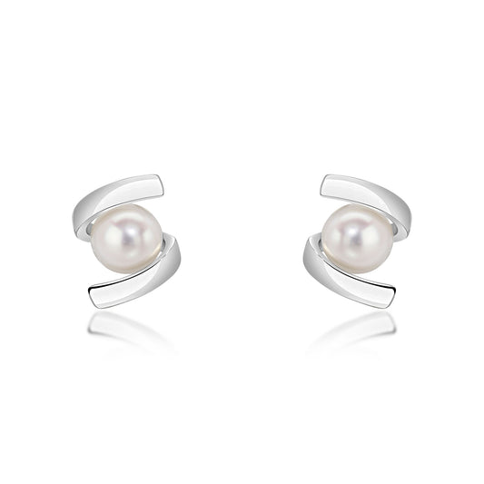 9ct White Gold Natural Pearl Twist Stud Earrings — 5mm