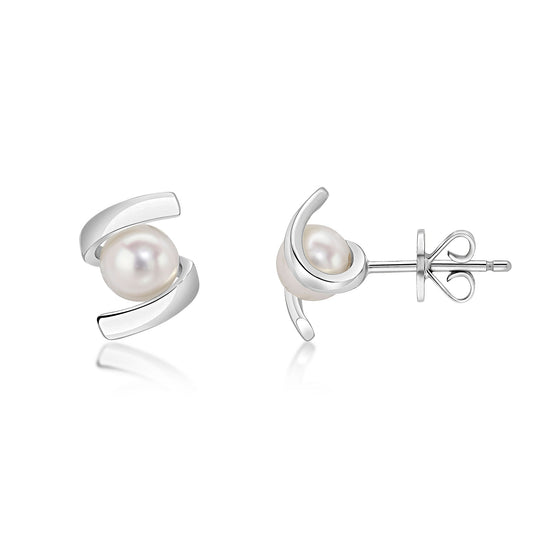 9ct White Gold Natural Pearl Twist Stud Earrings — 5mm