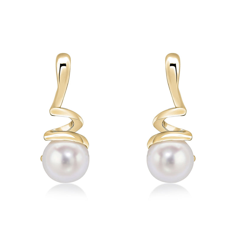 9ct Yellow Gold White Freshwater Cultured Pearl Spiral Drop Earrings