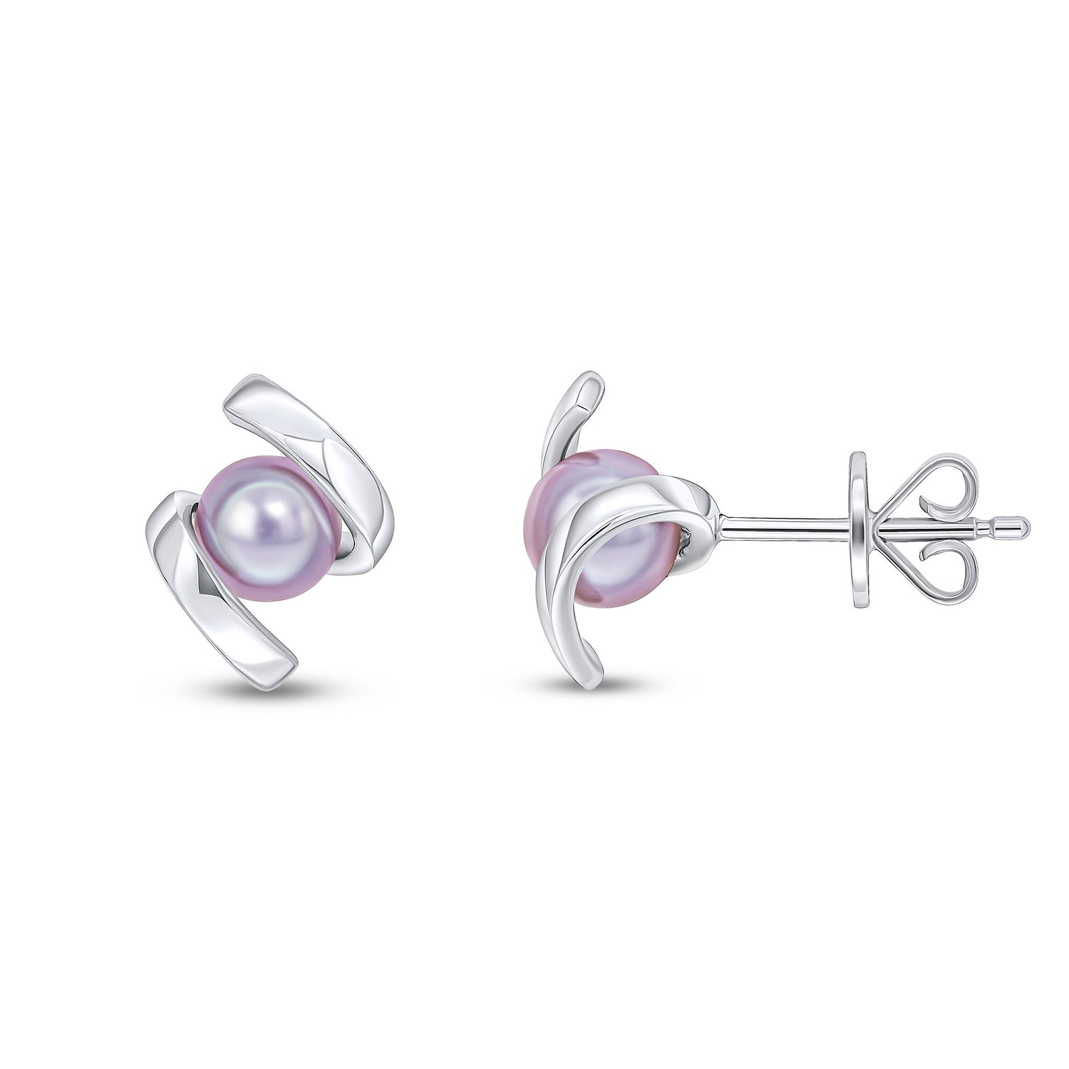 9ct White Gold Gray Natural Pearl Twist Stud Earrings — 5mm