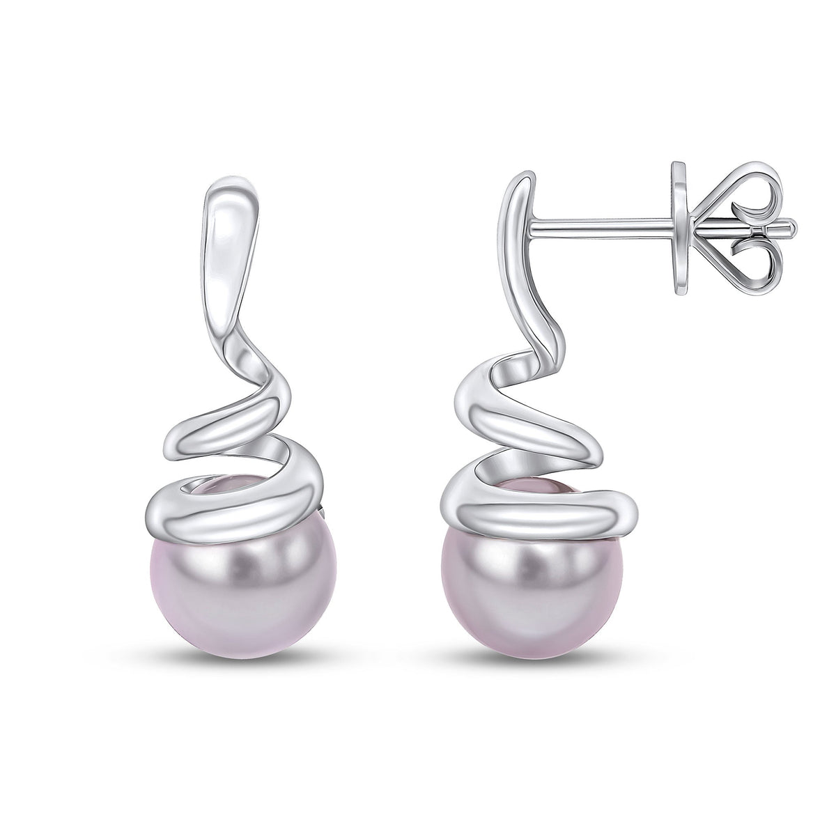 9ct White Gold Grey Freshwater Cultured Pearl Spiral Drop Earrings