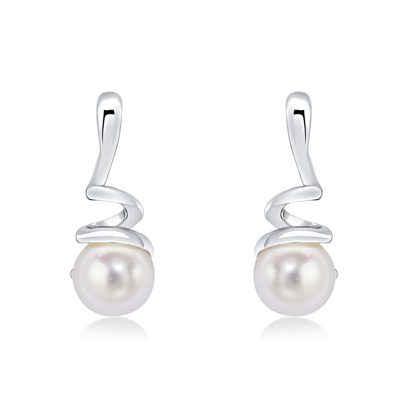 9ct White Gold White Freshwater Cultured Pearl Spiral Drop Earrings